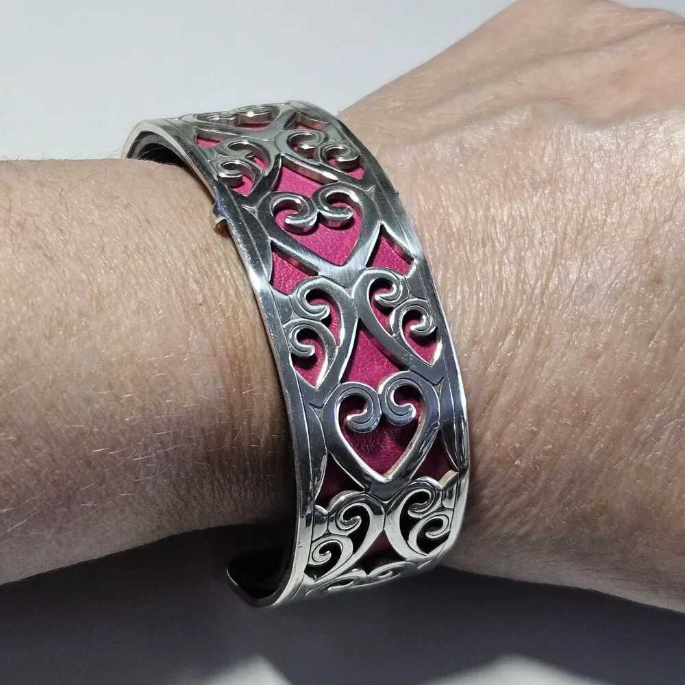 Brighton Christo Madrid Narrow Silver Plated Cuff Bracelet Pink Red Leather 7" - Picture 4 of 16